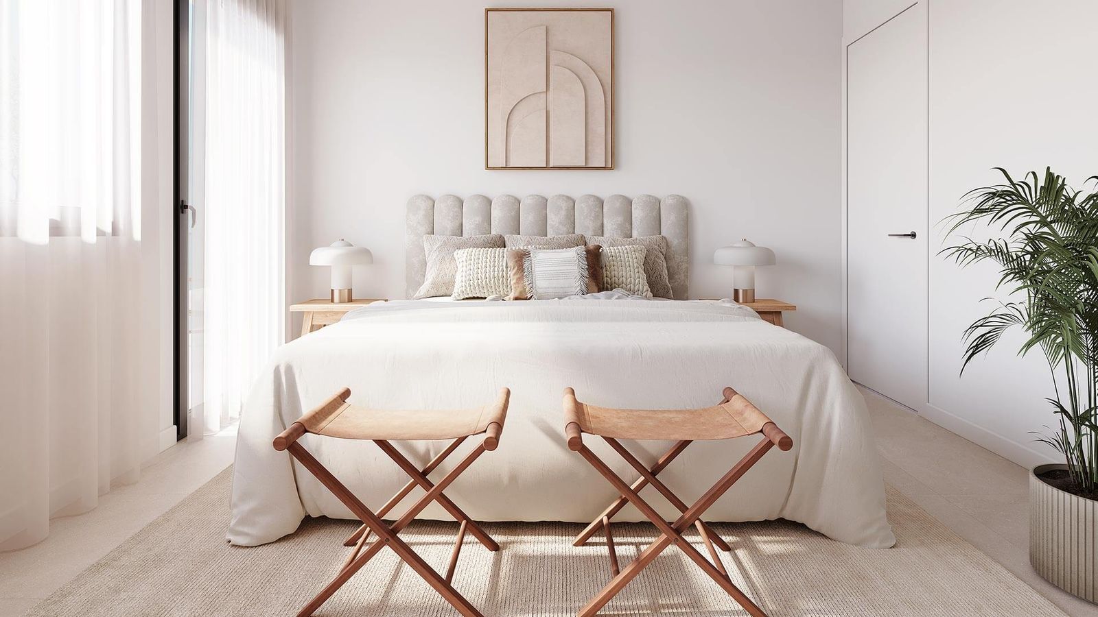 Minimalistisches Schlafzimmer mit Doppelbett und Holzakzenten.