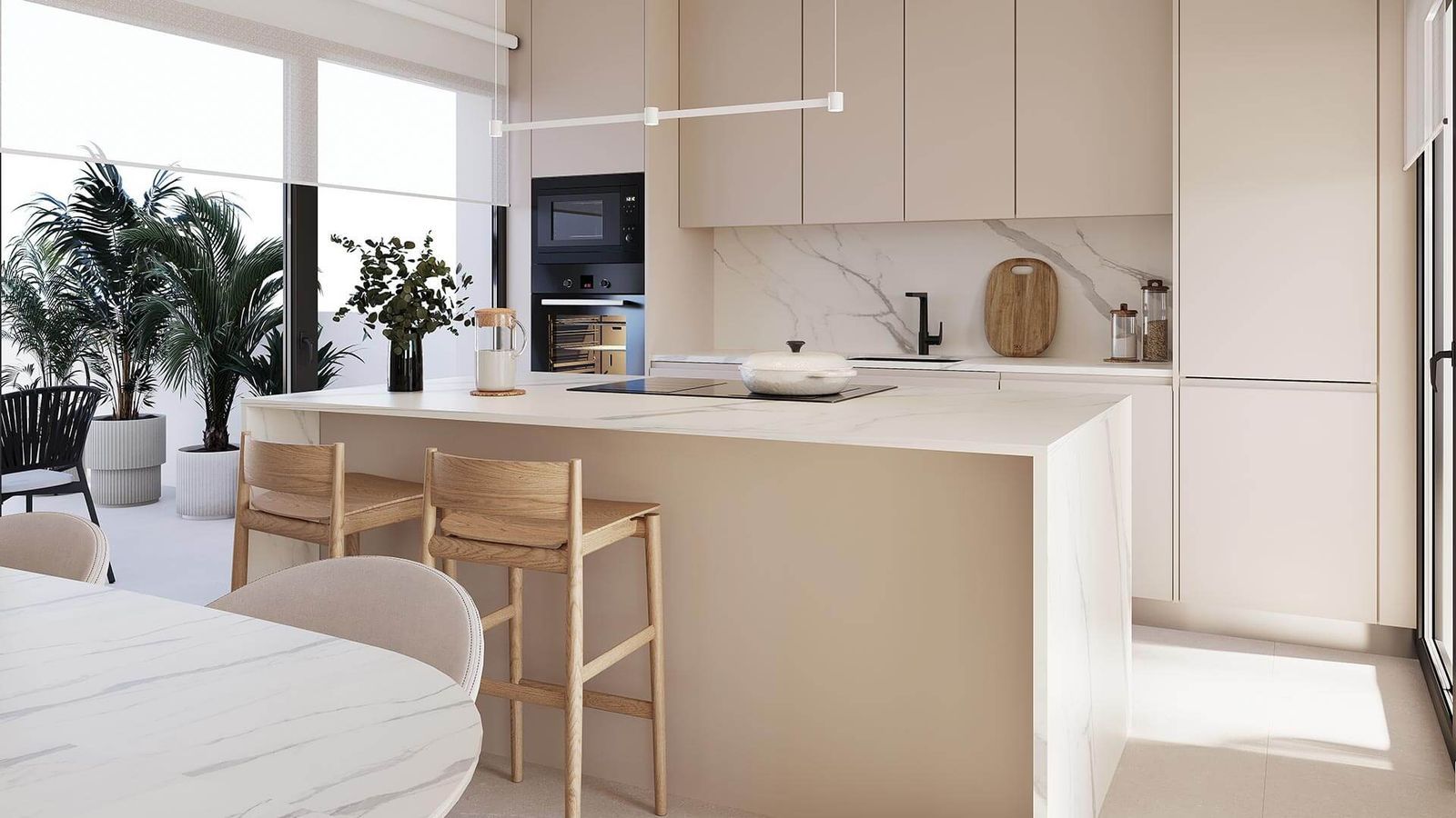 Moderne Kücheninsel mit Holzhockern und Marmorarbeitsplatte