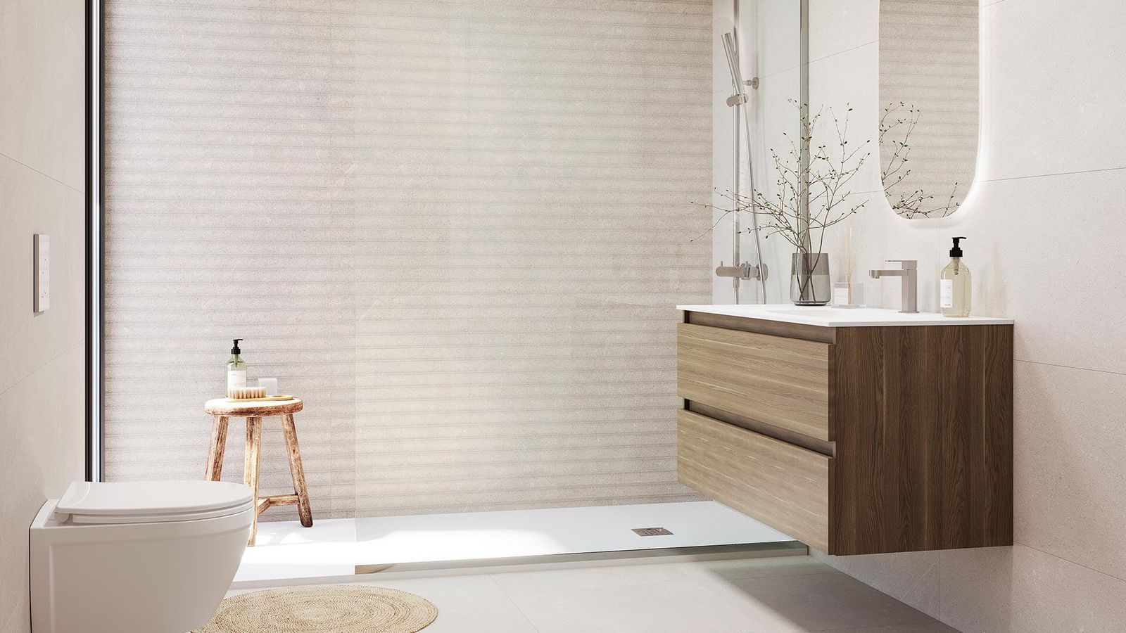 Modernes neutrales Badezimmer mit Holzwaschtisch und weißen Akzenten